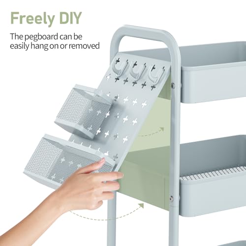 TOOLF Metal Rolling Storage Cart, 3-Tier Utility Mobile Cart with DIY Pegboards, Serving Trolley Cart with Baskets Hooks, for Kitchen, Bathroom, Office, Home, Classroom (Mint Green)