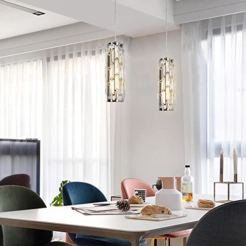 Huong Son Modern Crystal Pendant Light, Silver Chrome Pendant Lighting, Adjustable Mini Cylinder Pendant Light Fixtures, E26 Bulb Base, 1-Light #TOP2