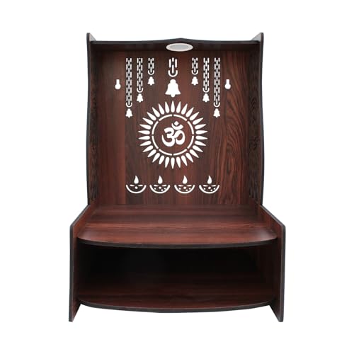 Image of Olive Tree Ethnic Wooden Pooja Mandir for Home Handcrafted Puja Stand | Wall Mounted with LED Spot Light | Mandapam, Pooja Ghar, Temple Office Decor - Walnut Size 12X12X16 Inch 1007