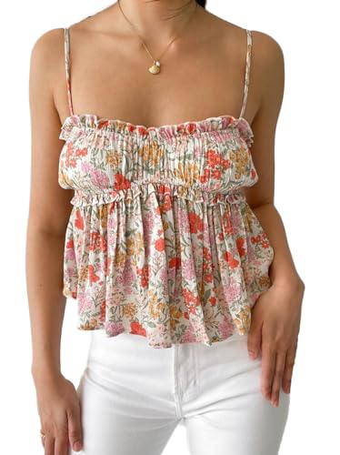 Image of Women Floral Camisoles Tops Sexy V Neck Backless Ruffle Hem Going Out Tops Cute Summer Y2k Teen Girls Camis