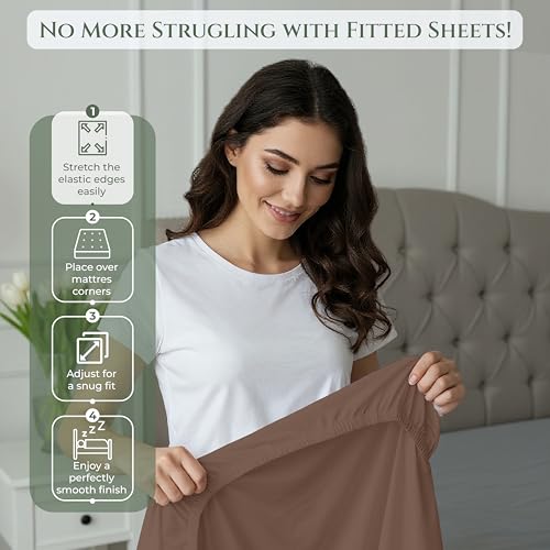 Image of Royale Linens 100% Organic Cotton Full Fitted Sheet Only - Percale Weave - Super Soft Deep Pocket Bottom Sheets - Chocolate Elastic Sheet - Full Size Fitted Sheets Only - (54 inchx75 inch+15 inch, Chocolate)