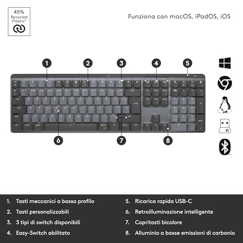 MX Mechanical Tastiera Retroilluminata Wireless, Bluetooth, USB-C, Layout US Int QWERTY, Grigio - Tastiera gaming - Immagine 6