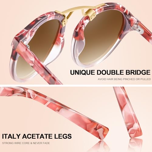 Image of CARFIA Small Face Acetate Polarized Sunglasses for Women UV Protection, Retro Double Bridge Eyewears Metal Brow Round Sunnies