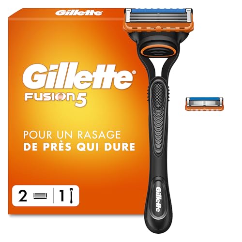 Gillette rasoir pour homme Fusion5, manche et 2 cartouches à 5 lames en acier inoxydable, bande lubrifiante pour une glisse fluide sur le visage, 1 recharge par 20...