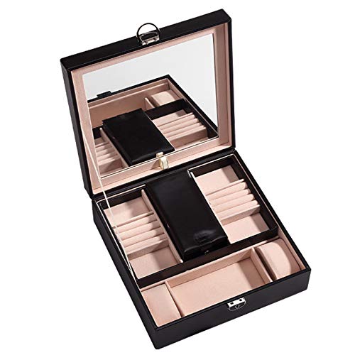 Jewelry Box, Leather Jewelry Box Organizer Display Storage Case with Lock and Mirror, for Watch Organizer Necklace Ring Earring Storage Gift Case Gift, Gifts for Her Girl Women,Black