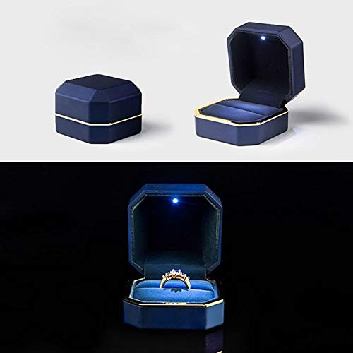 Image of Luxury Ring Box, Square Velvet Wedding Ring Case Jewelry Gift Box with LED Light for Proposal Engagement Wedding, Blue