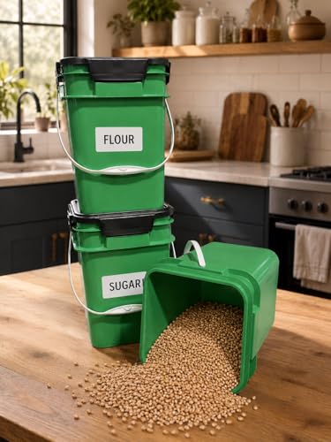 Image of House Naturals 4 Gallon Square Food Grade Bucket Pail with Plastic Handles and Lid (Pack of 3) Made in USA containers (Green)