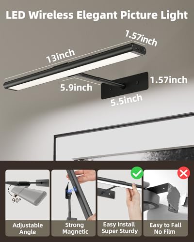 Image of EZVALO Picture Light for Wall, 13'' Black Rechargeable 4800mAh Battery Lights Wireless with IR Remote, Magnetic LED Art Painting Light with 3 Color Temperatures, Display for Gallery, Living Room