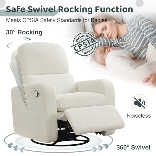 Image of Swivel Rocker Recliner, Oversized Boucle Glider Recliner Nursery, Teddy Manual Swivel Rocking Reclining Chairs with Removable Cushion and Lumbar Support for Nursery Living Room Bedroom, White