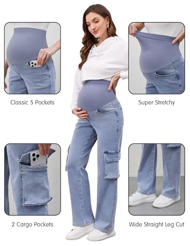 Image of PACBREEZE Women's Maternity Jeans Cargo Straight Leg Relaxed Jeans Over Belly Comfy Denim Pregnancy Pants, S-XXL (Light Blue, Small)
