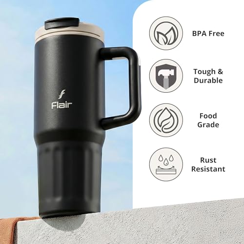 Image of FLAIR Vogue Vacuum Insulated Stainless Steel 750 ml Tumbler with Handle | 2-in-1 Lid with Flip Straw & Sip Spout -Black | Hot & Cold Beverage Mug | Leak Resistant