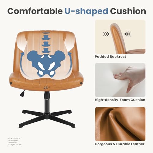 Image of DUMOS Criss Cross Chair No Wheels, Wide Seat Cross Legged Office Desk Vanity Chair, Faux Leather Armless Height Adjustable Swivel Task Computer Chairs for Home, Study, Brown PU