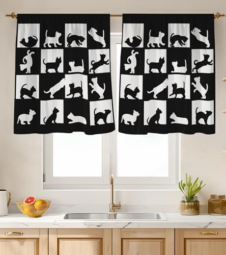 Stanoha Kitchen Curtains (2 Pcs) Over Sink for Bathroom Window Cafe Basement Cortinas para Cocina Moderna Farmhouse Short Mini Curtain Black and White Cat Country Rustic Modern Cute - 26×30