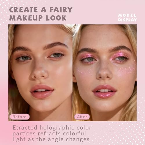 HOSAILY Holographic Duochrome Pink Glitter Eyeshadow, Color Shift Metallic Shimmer Eyeshadow Palette, Chameleon Sparkle Inner Corner Eye Highlighter, Iridescent Eye Shadow Palette Fairy Makeup#02