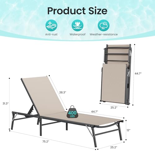 Image of Amopatio Outdoor Lounge Chairs Poolside Chaise Lounge for Patio | Foldable Stackble Fully Assembled Weather Resistant Breathable Textilene 5-Position Adjustable Backrest 400LBS Capacity