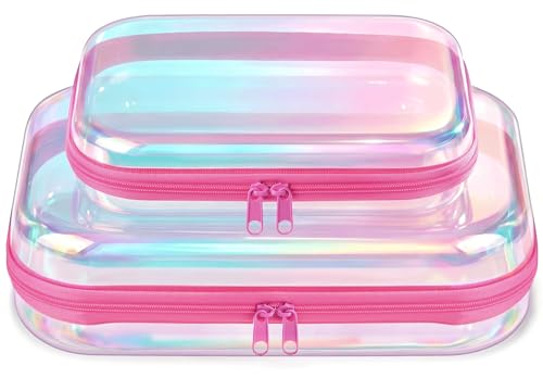 Clear Hard Shell Zipper Case, 2 Pack TSA-Approved Travel Toiletry Bag, Waterproof Cosmetic Bag, CLear Diaper Bag, Hair Tool Organizer, Toy Storage Bin,Travel Makeup Bag & Travel Essential (Pink)
