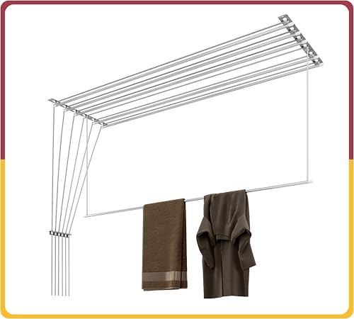 Image of Amiraj Individual Drop Down Ceiling Clothes Drying Stand | Heavy Duty Stainless Steel Cloth Dryer | UV Protected Nylon Ropes | Rust Proof Space Saving Laundry Rack | 6 Pipes, 4 Feet | Balcony & Indoor