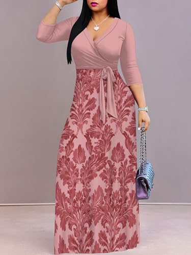 Image of PinkPatty Women's Long Sleeve Maxi Dress Plus Size Trendy Wedding Guest Wrap Dress with Pockets&Belt