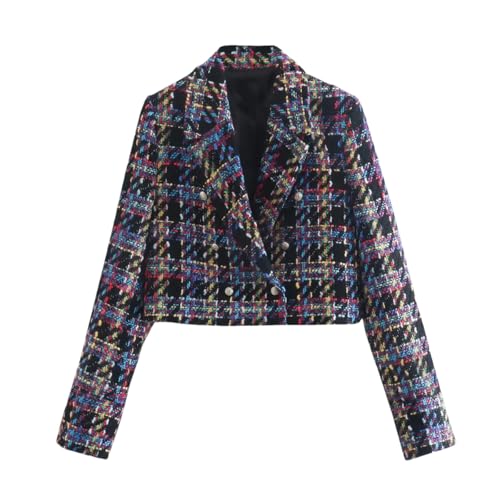 Women's Fashion Double Breasted Plaid Tweed Short Suit Jacket Retro Long Sleeve Jacket Fashion Tops