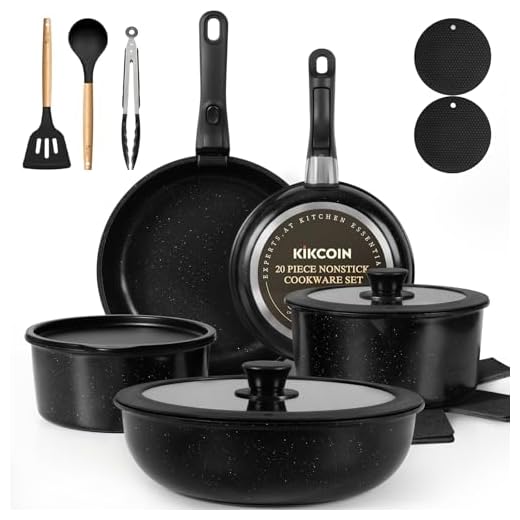 Nonstick Pots and Pans Set - 20 Pack KIKCOIN Stackable Cookware Set with Detachable Handle, RV Kitchen Cooking Set with Removable Handles - Oven Safe, Induction Ready (Black)
