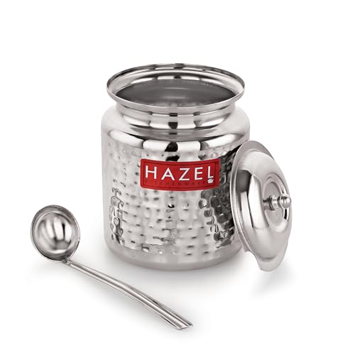HAZEL Stainless Steel Ghee Container with Spoon | Oil Containers for Kitchen with Lid, 600 ML