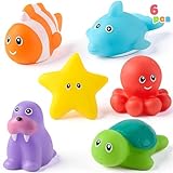 JOYIN 6 Pcs Sea Animal Bath Toys, Sealed & No-Hole & Mold Free Bathtub Toys for Kids, Non-Toxic & Soft Water Vehicles Toys for Boys and Girls, Squeezable & Float on Water, Ideal for Bath & Pool Time