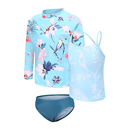 Image of Girls 3 Piece Swimsuits Set Long Sleeve Rash Guard Tankini Bathing Suits for Girls Beach Swimwear Set 3-16 Years