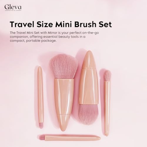 Image of Gleva Travel Size Mini Makeup Brushes Set with Mirror Small Complete Function Cosmetic 5 Pcs Brushes Kit Case Apply to Face Foundation Powder Concealers Eyebrow Eyeshadow (Rose Red)