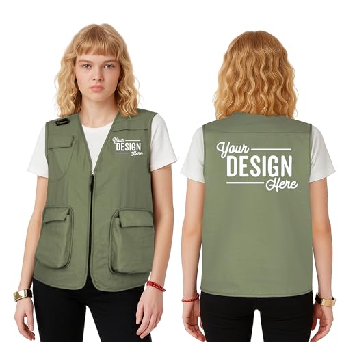 TOPTIE Chaleco de voluntario personalizado para safari, pesca, trabajo, resistente al agua, con bolsillos, añade tu logotipo, verde, L