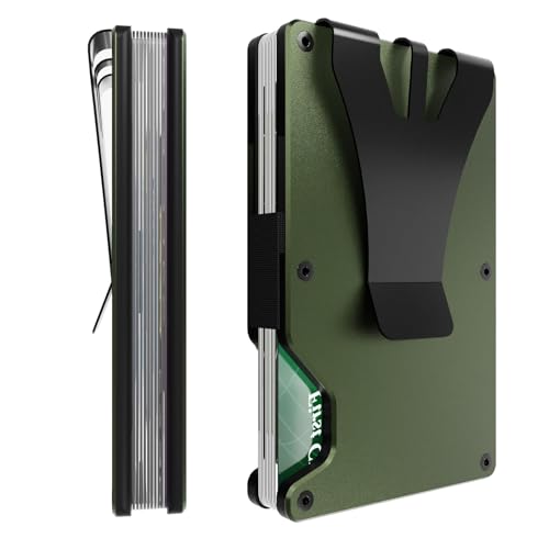 Minimalist Wallet for Men, Slim Wallet with Cash Strap, RFID Blocking Metal Card Holder, Compact Pocket Wallet Ideal Gift for Men, Super Thin Card Clip Hold up to 12 Credit Cards (Green-001)