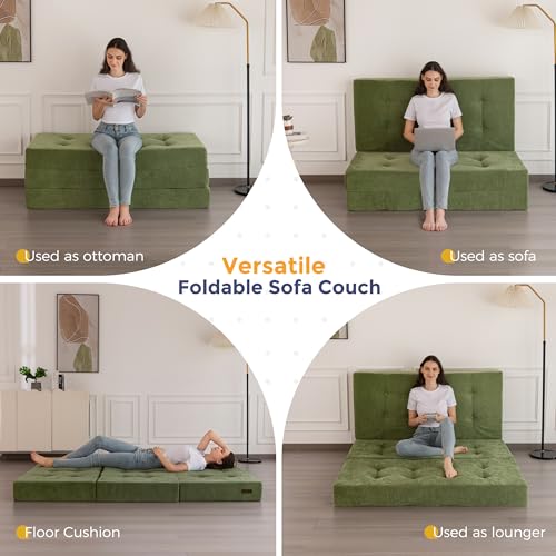 Image of MAXYOYO 6 inch Folding Sofa Bed for Floor, Tufted Tri-Fold Floor Mattress with Chenille Fabric, Full Size Portable Sofa Couch Guest Mat for Adults, Foldable Topper for Camping, Green, 53 inchx75 inch