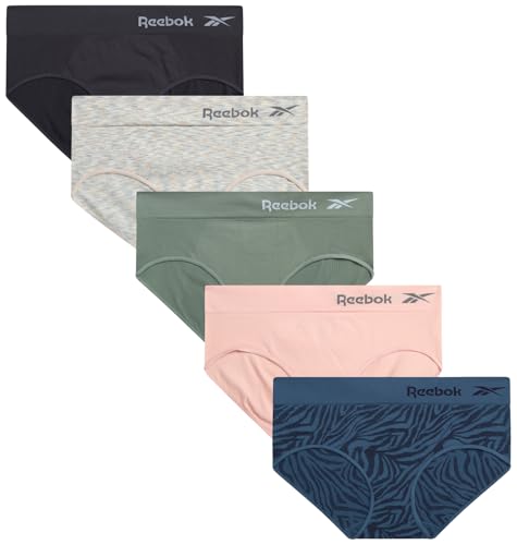 Reebok Hipster Panties for Women - 5 Pack Stretch Performance Seamless Underwear with Relaxed Tagless Waist (S-XL)