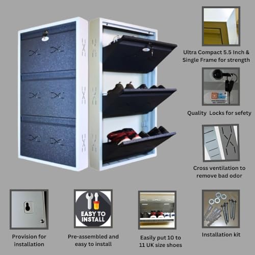 Image of I Metal Shoe Rack I Slim and Wall Mounted I 3 Shelves (Grey Colour) I Coad LC 2M-03 GR I Height 43 Inches, Width 24 Inches, Depth 5.5 Inches I 3 Years Warranty.