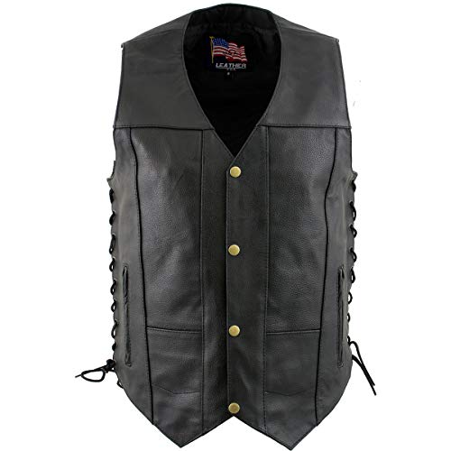 Xelement Usa Leather 1204 Men's Black 'Dime' Classic Leather Ten Pocket Vest With Side Laces - Large #TOP5