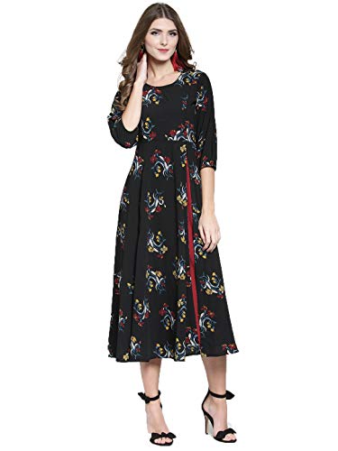 Image of Sera Women's Floral Black Polyester Anarkali Fusion Calf Length Kurta