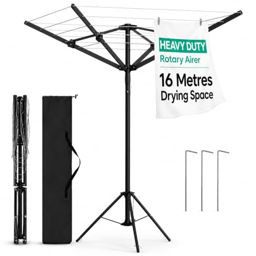 Vivo Technologies 4 Arm Rotary Washing Line Freestanding Portable Rotary Airer 16m Camping Washing Lines with 3 Legs and Carry Bag Foldable Rotating Airers Dryer Clothes Airer for Outdoor Caravan