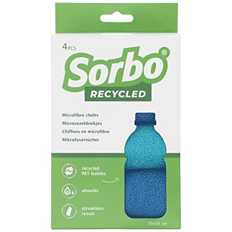 Sorbo Recycled Microfibre Cloths, 4 Pack, Sustainable, Eco Friendly, Made from 100% Recycled PET Bottles, 35cm X 35cm, Chemical Free cleaning Cover