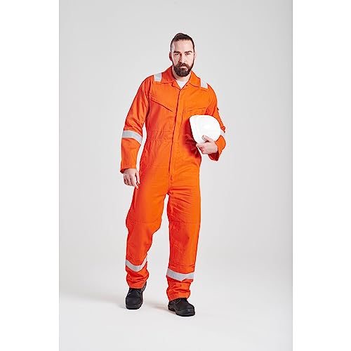 Portwest FR21 Men's Bizflame FR Lightweight Fireproof Coverall Flame Resistant Overall Anti-Static Welding Safety Boiler Suit 100% Cotton Reflective Knee Pad Pockets, Orange, L