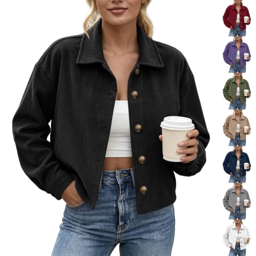 Cropped Jacket Women Corduroy Button Down Shacket Long Sleeve Cardigan - image 1
