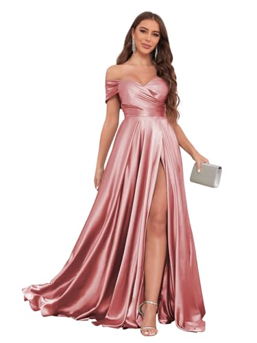 Image of JKMMYO Satin Bridesmaid Dresses for Women Off The Shoulder Pleated Long Formal Evening Dress