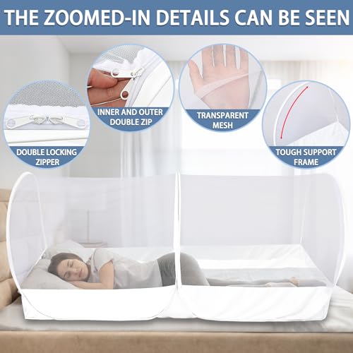 Image of Mosquito Net for Bed - Pop Up Bed Tent - Portable Travel Mosquito Net, Mosquito Netting for Suitable for Baby, Adult Bedroom, Camping, Napping, Patio (White)