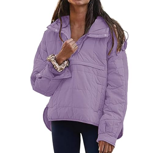 Women's Quilted Pullover Puffer Jacket Oversized Long Sleeve Hooded Coats Winter Warm Lightweight Outwear with Pocket