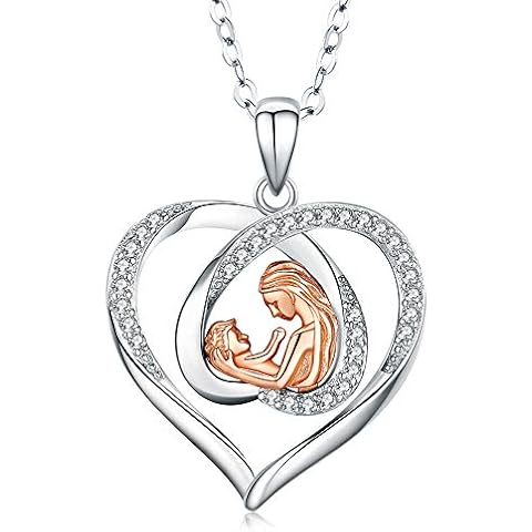 Odinstone Mothers Day Gifts, 925 Sterling Silver Mother and Child Love Heart Pendant Necklace 5A Cubic Zirconia Jewellery Gifts for Mum from Daughter Cover