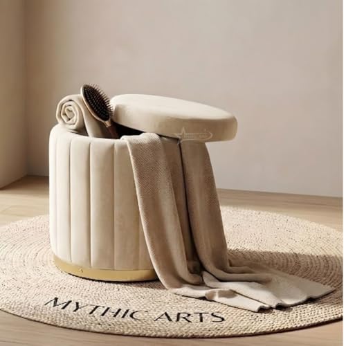 Image of Superior Round Storage Ottoman Stool 16 X 16X 19 inch, with Gold Metal Base | Elegant Pouffe with Secret Storage | Cushioned Footrest for Living Room, Bedroom, and Lounge Cream
