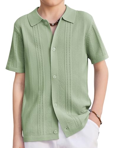 Arshiner Boys Button Down Shirt Short Sleeve Knit Fashion Casual Beach Shirts for Kids 10-11Y, Lake Green