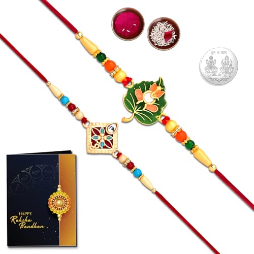 Image of Oblivion Multi-Colour Rakhi Combo Set with Tilak, Pooja Coin and Greeting Card