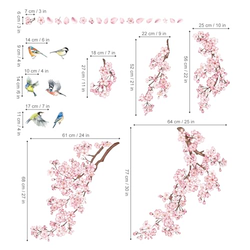 decalmile Large Cherry Blossom Tree Branch Wall Decals Pink Flower Vine Birds Wall Stickers Girls Bedroom Living Room Nursery Wall Decor - Image 4