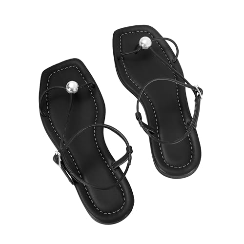 Image of Strappy Flat Sandals for Women Comfortable Open Square Toe Slingback Sandals Dressy Beach Thong Flip Flop Slides Sandals