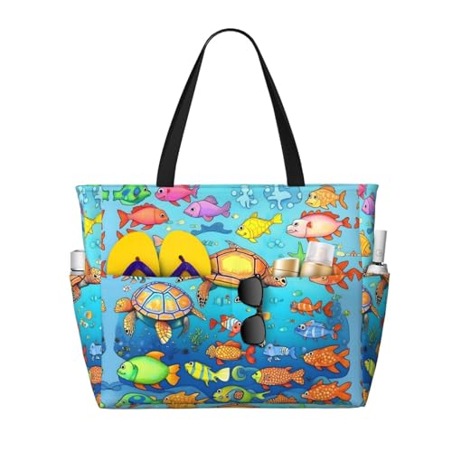 Turtle and Fish Large capacity beach bag with zipper, perfect for grocery bag pool gym travel shopping foldable beach travel bag,