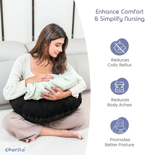 Image of Cherilo Feeding Pillow for New Born Baby, Nursing Pillow for Breastfeeding, Baby Support with Adjustable Strap & Bottle Holder (Pouch) | Washable Premium Velvet Cover with Zip | Black